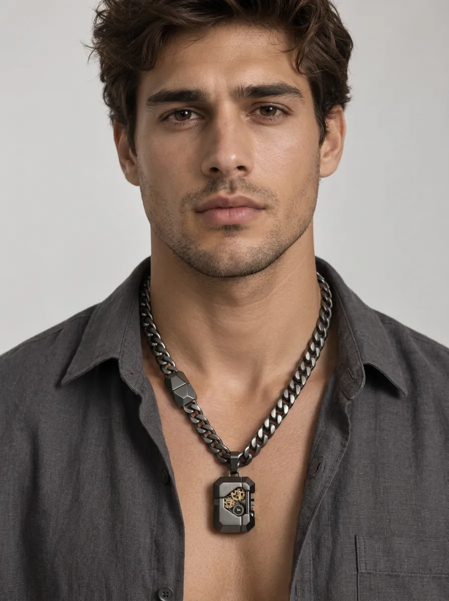 Men's Steampunk Industrial Gear Pendant Cuban Chain Necklace