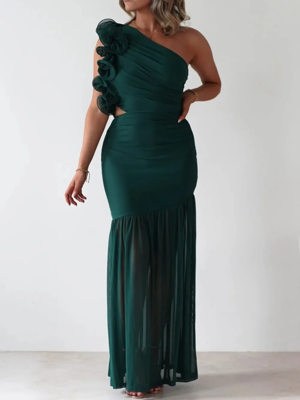One Shoulder Ruffle Trim Maxi Dress