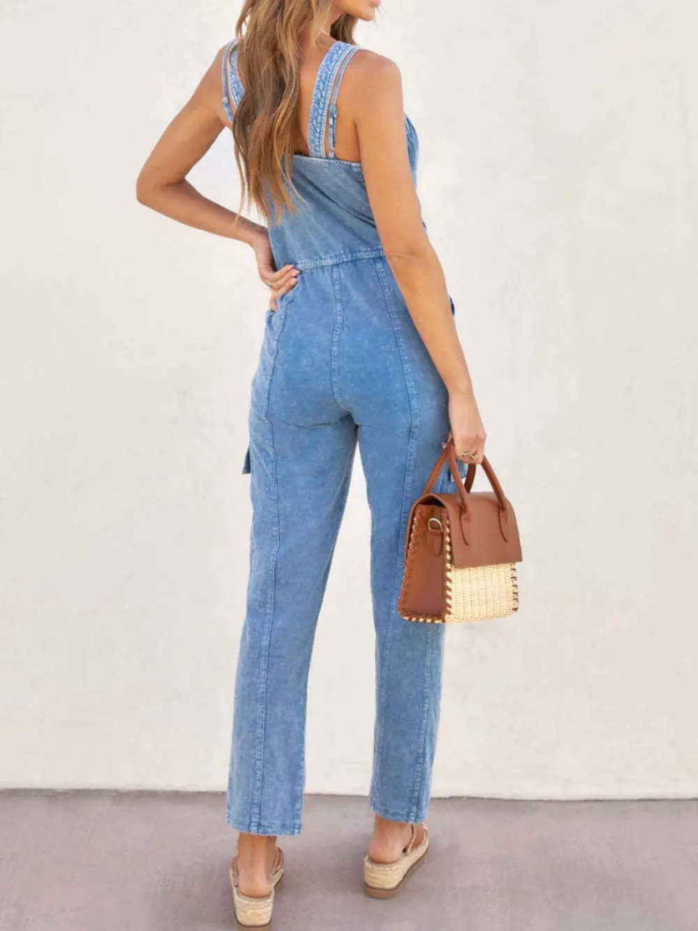 V Neck Sleeveless Jumpsuit Denim Pants