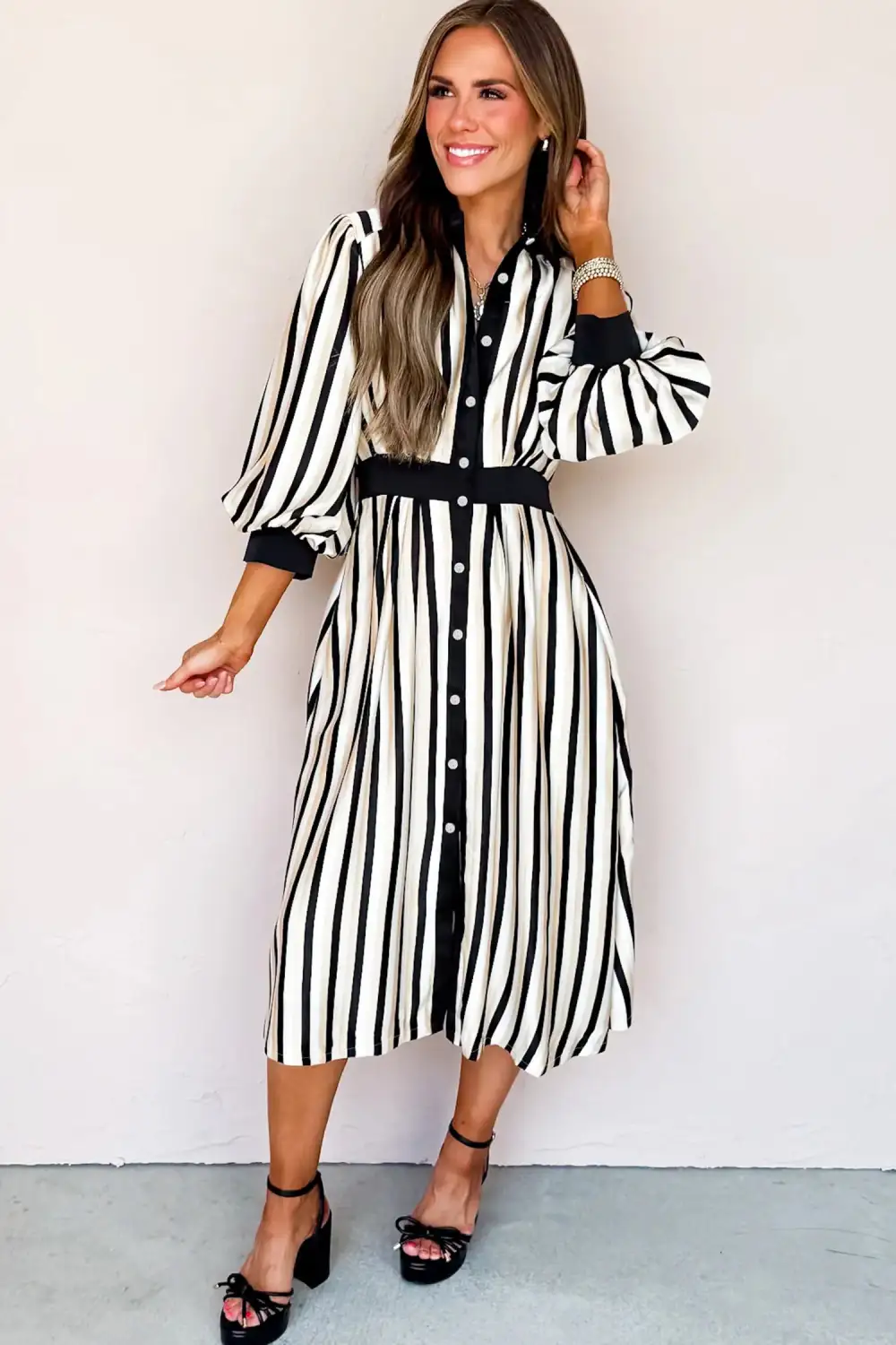 Striped Button Front Puff Sleeve Midi Dress