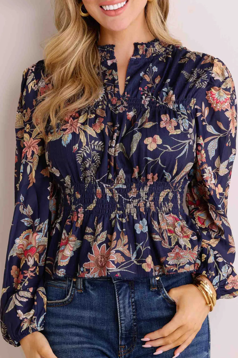 Navy Floral Print Gathered Waist Tie-Neck Blouse