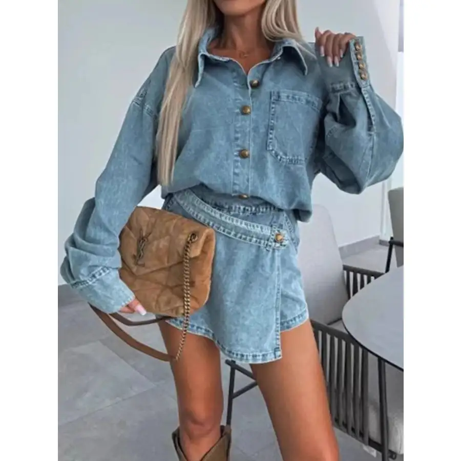 Button Front Shirt and Mini Skirt Oversized Denim Set