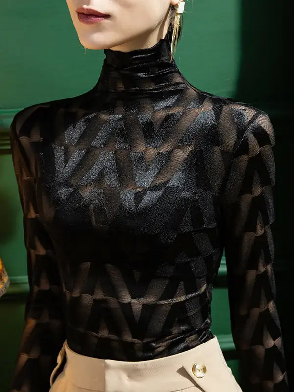 Refined Slim Fit Long Sleeve Embroidered Panel Detail Checkered High Neck T-Shirt