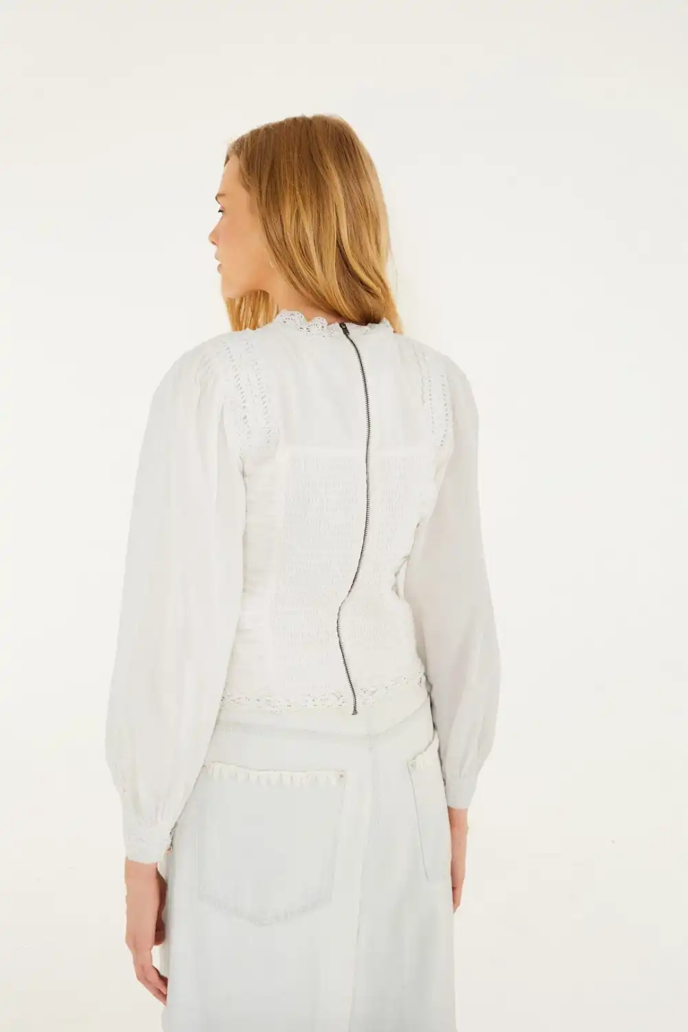 Classic Crochet Long-Sleeve Button-Front Blouse