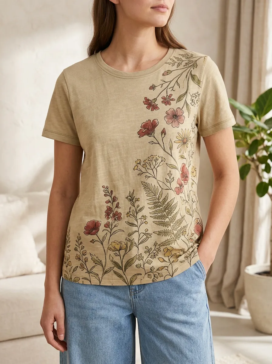 Women's Botanical Wildflower Printed Crewneck T-shirt