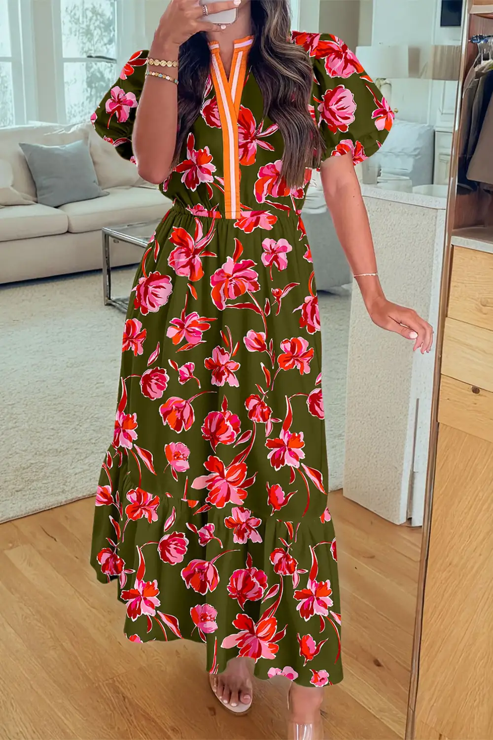 Floral Striped Split Neck Maxi Dress