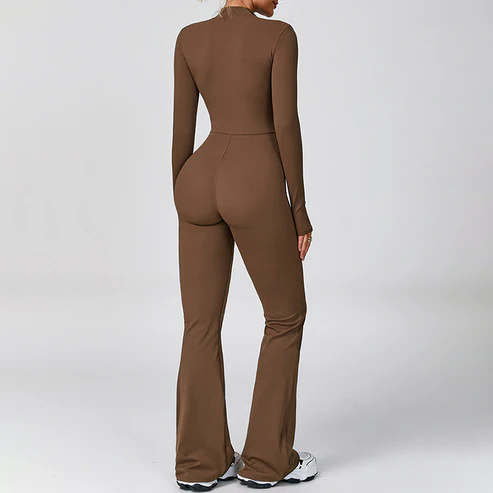 Half Zip Long Sleeve Flared Yoga Jumpsuit Set