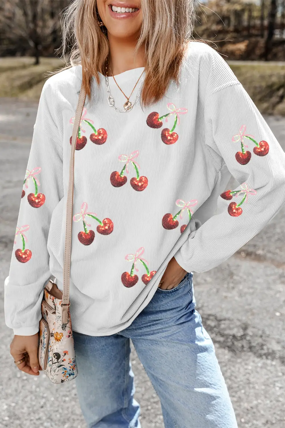 Bow Accent Sequin Accent Patchwork Sweatshirt