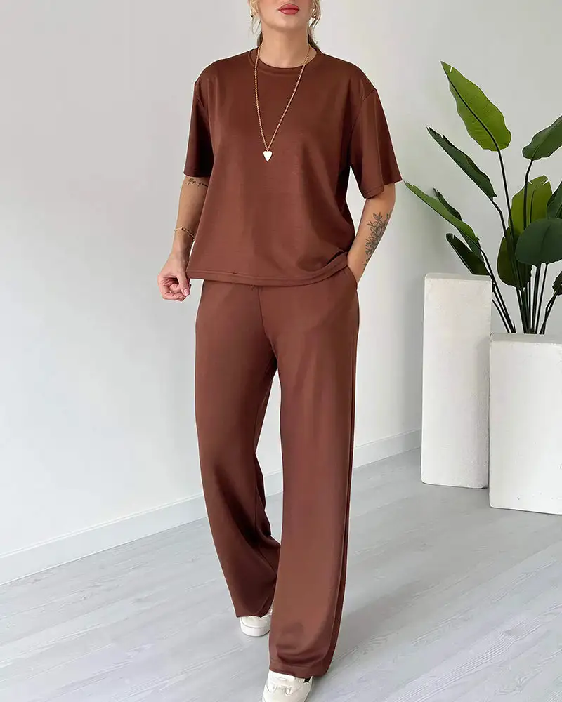 Casual Two-Piece Lounge Set Short Sleeve Top and Wide Leg Pants