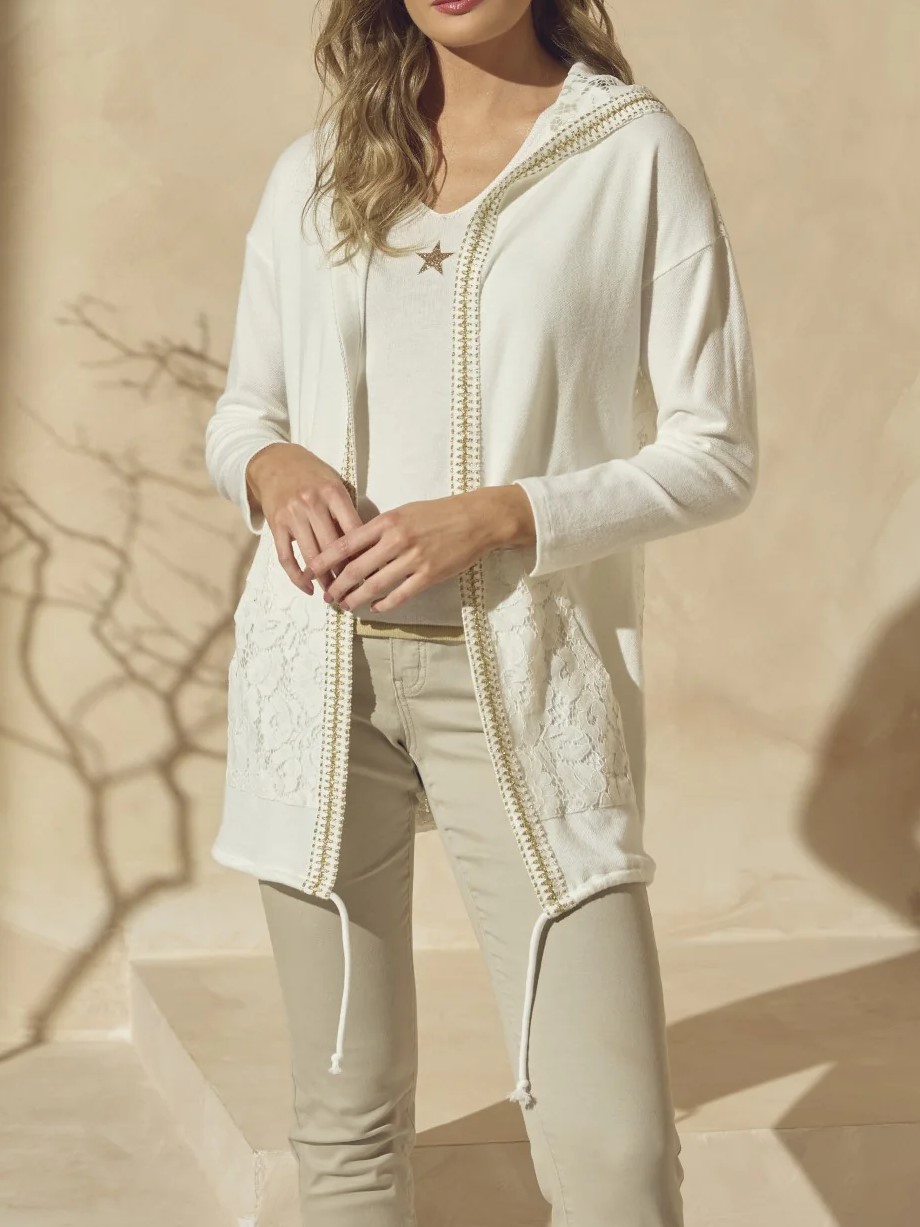 Embroidered White Hooded Cardigan