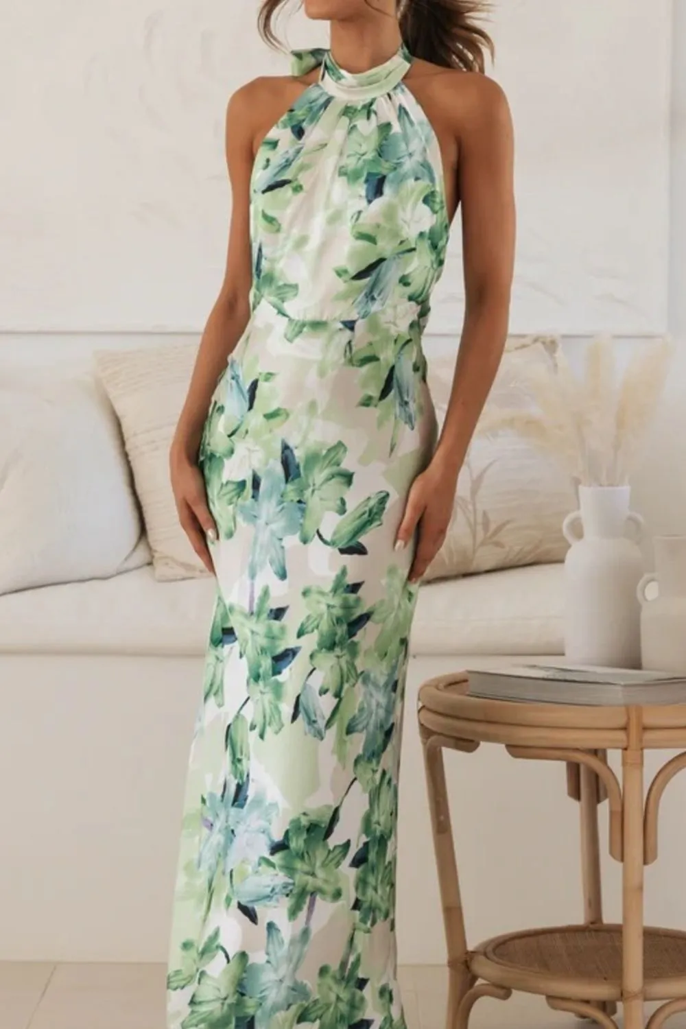Soft Floral Print Halter Neck Maxi Dress