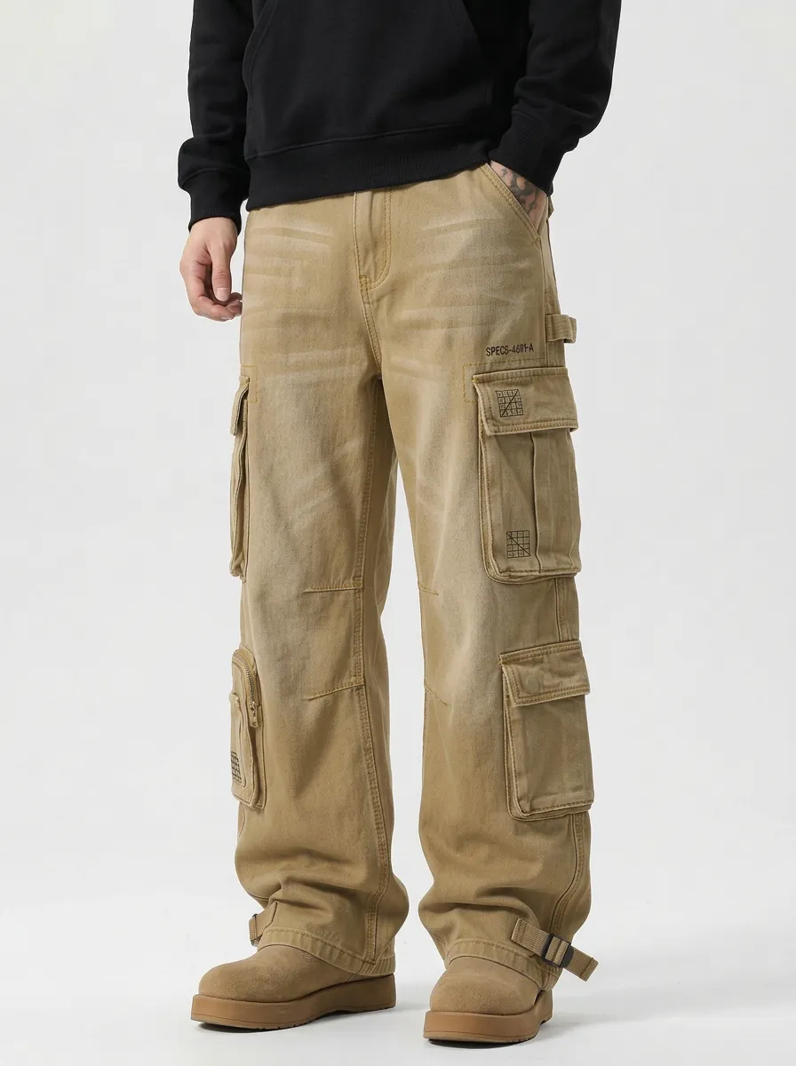Men's Streetwear Washed Black Multi-Pocket Printed Cargo Pants