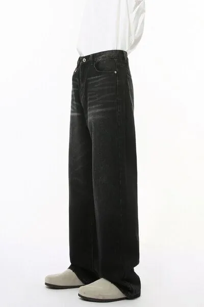 Washed Pocketed Stretch Wide Straight Jeans