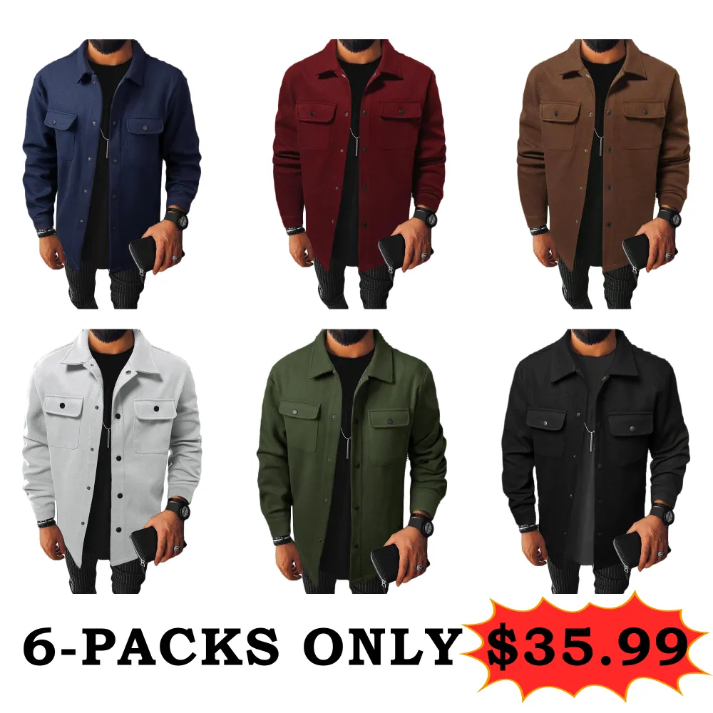 🔥Last Day 49% Offer-Men's Plain Long Sleeve Jacket, Regular Fit Casual Classic Button Front Flap Pocket Collared Outerwear for Fall & Winter, Going Out Outfit