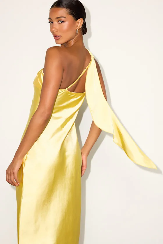 Naima Rust Red Satin One-Shoulder Midi Dress