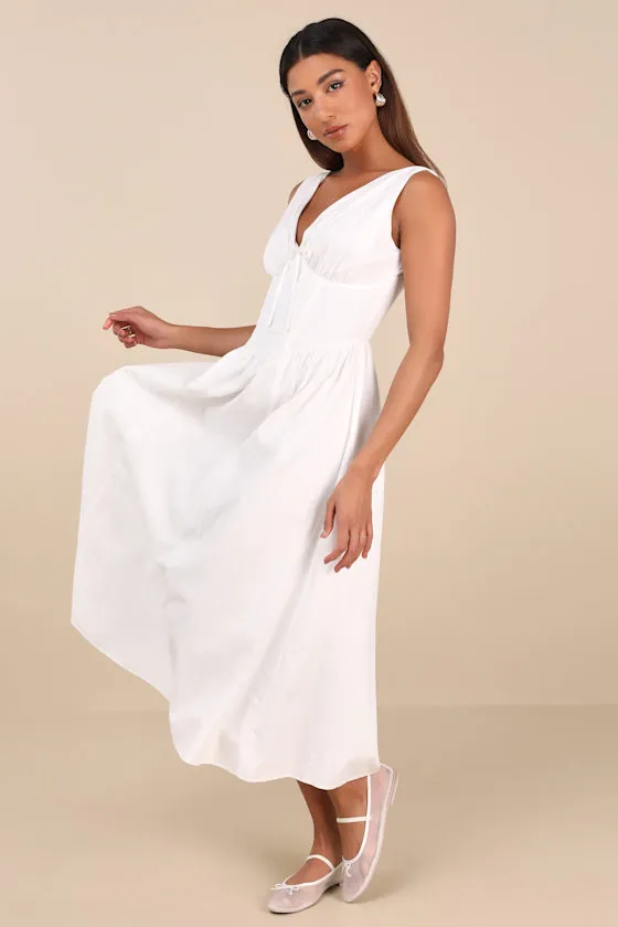 Lettie Ivory Multi Floral Poplin Plunge Neck Midi Dress