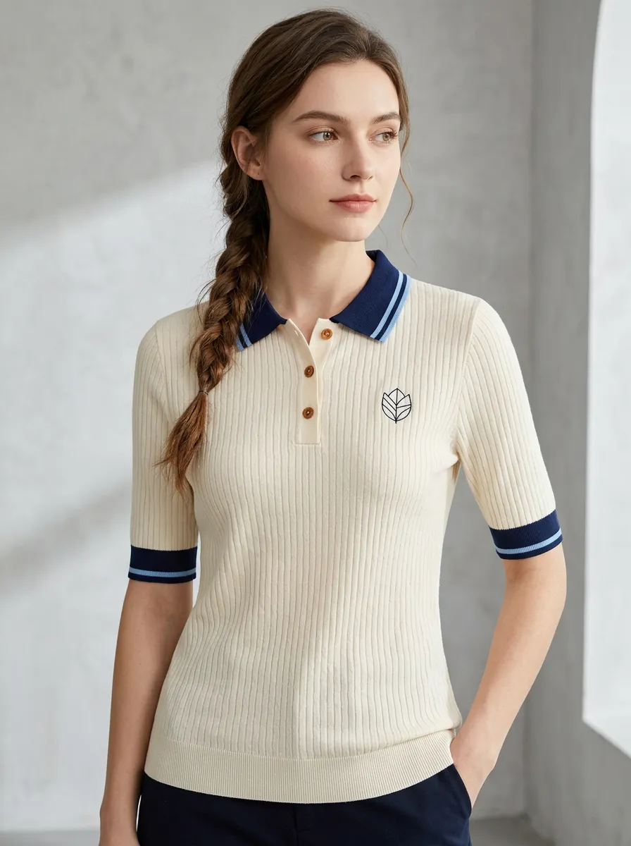 Women's Minimalist Leaf Logo Embroidered Ribbed Polo Shirt