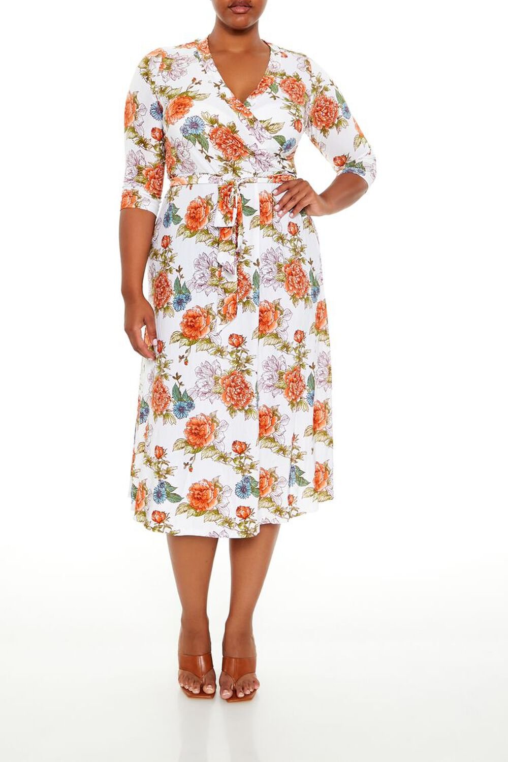 Plus Size Floral Wrap Midi Dress