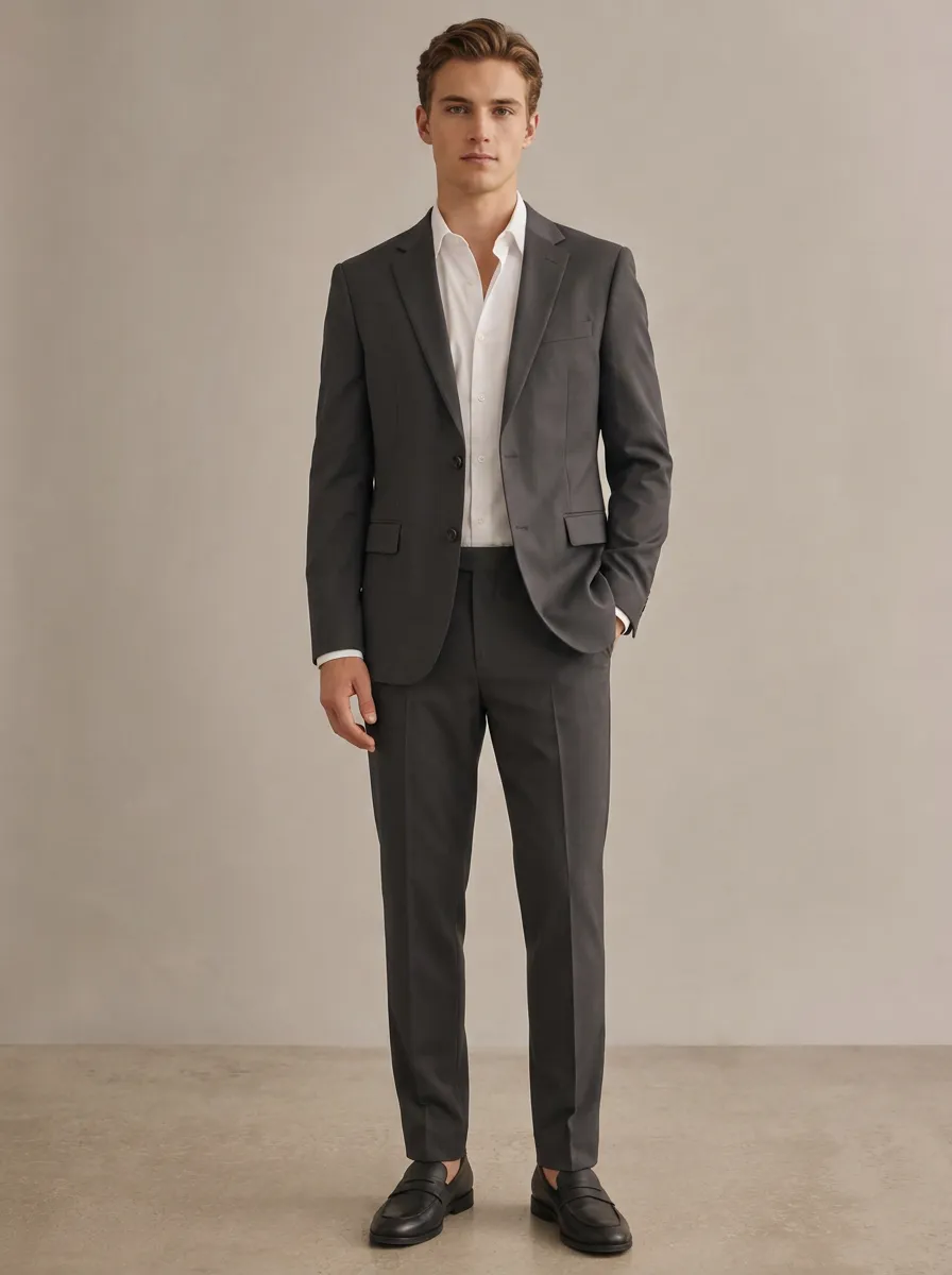 Men's Two Button Notched Lapel Business Formal Charcoal Grey Tailored Suit Set