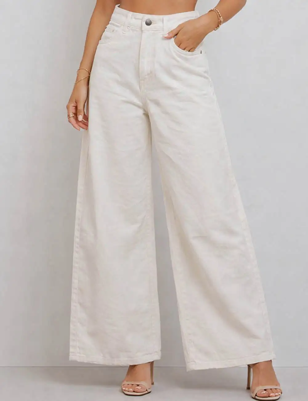 Floral Jacquard Button Pocket Wide Leg Denim Pants