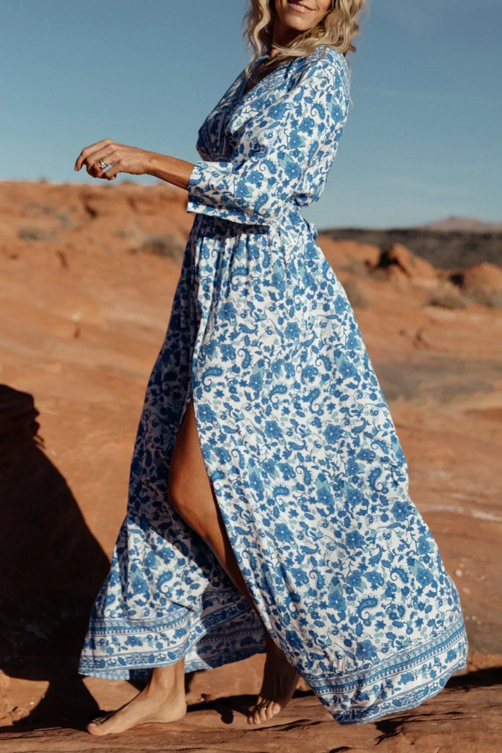 Blue Floral Slit High-Waisted  Dress