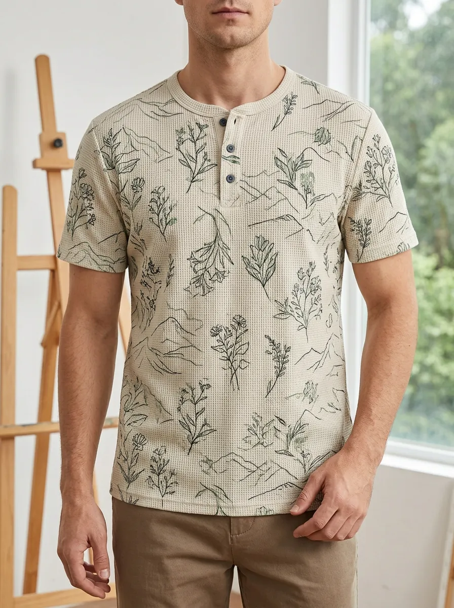 Men's Modern Nature Lover Mountain Floral Henley T-Shirt