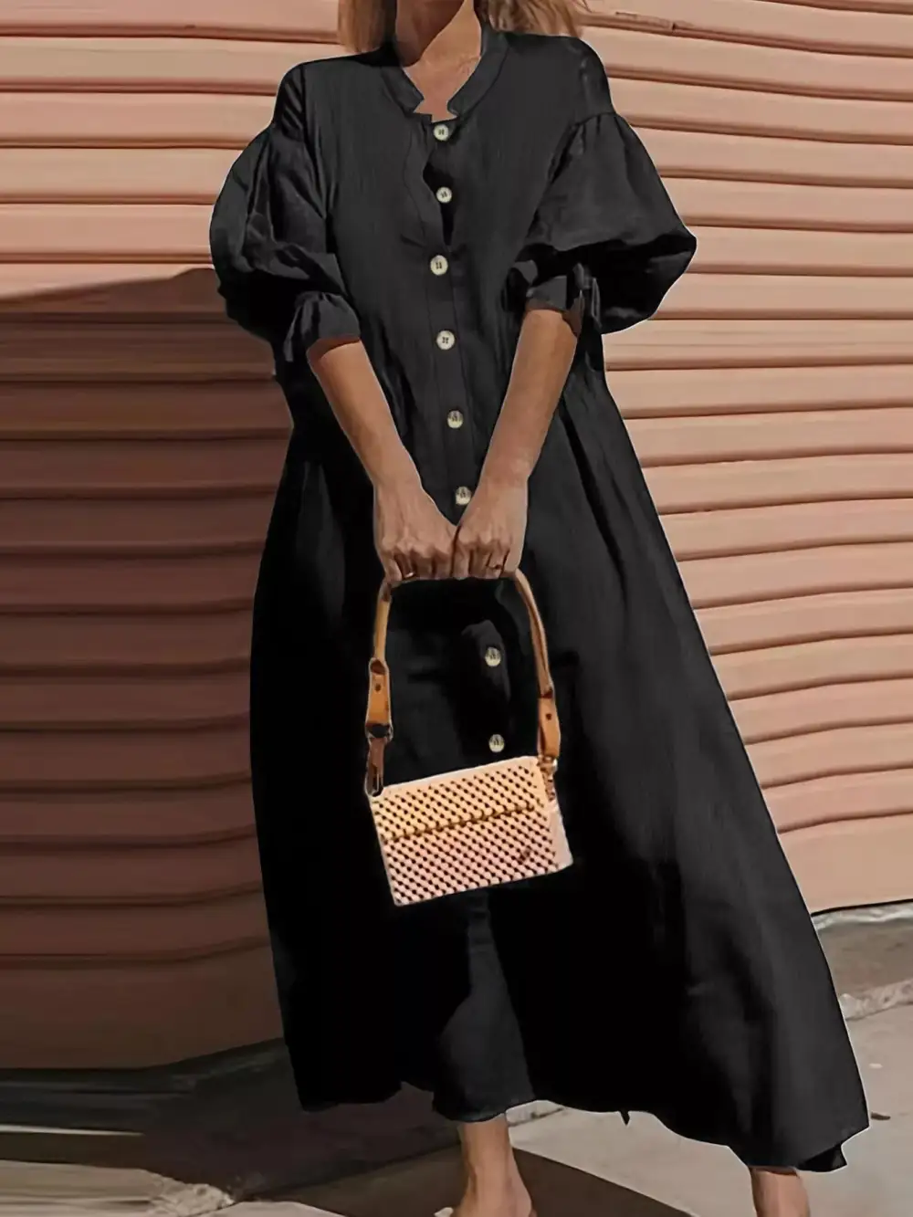 Button Front Puff Sleeve Shirt Dress