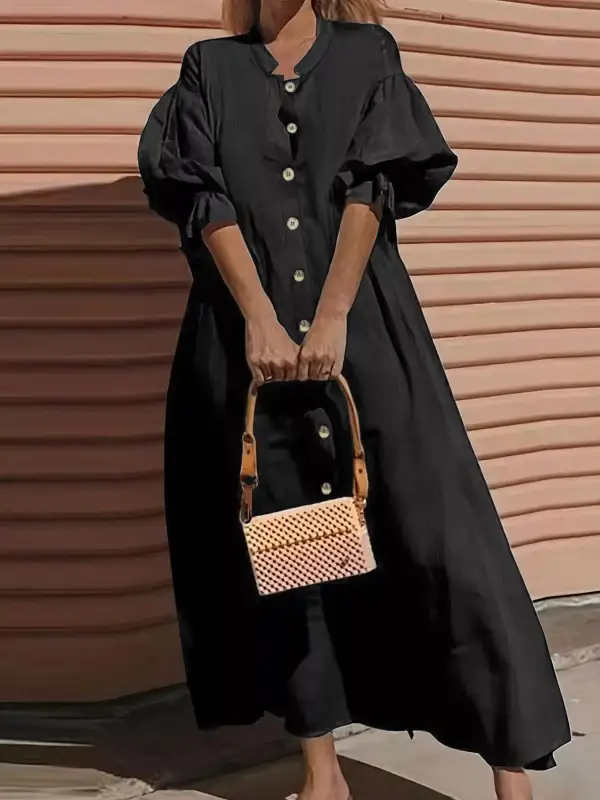 Button Front Puff Sleeve Shirt Dress