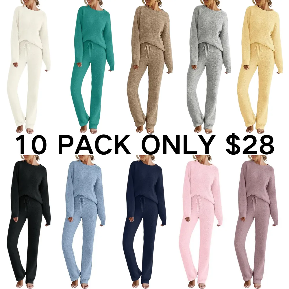 Womens Fuzzy Fleece Long Sleeve 2 Piece Loungewear Outfits Sweater Pants Pajama Sets