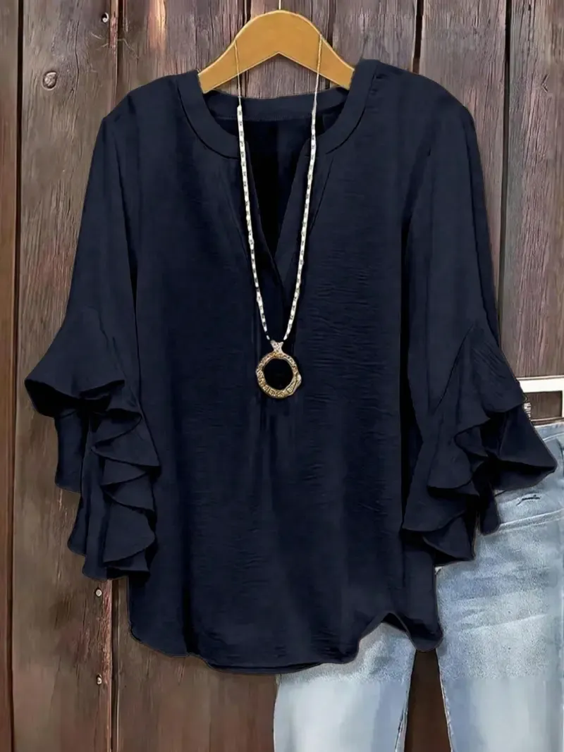 Plus-Size Women's Slim-Fit Shirt With Ruffled Sleeves And V-Neck