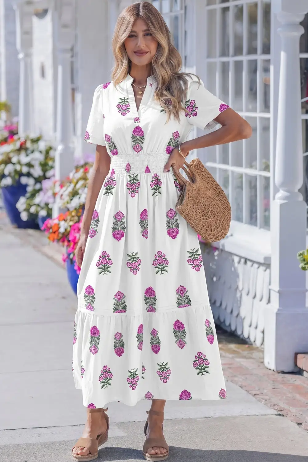 Polished Detail Floral Printed Split Neck Maxi Dress
