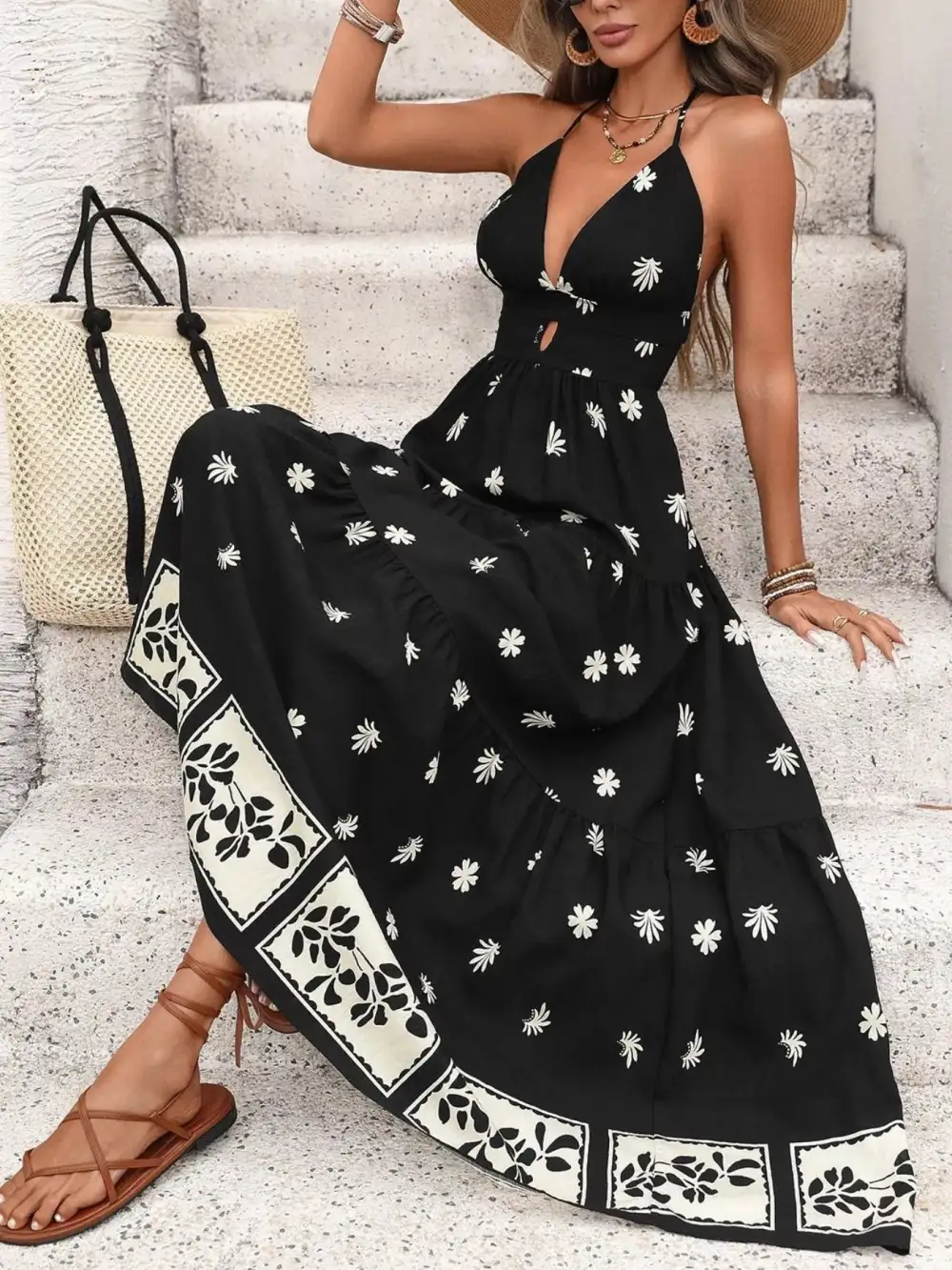 Polished Detail Printed Maxi Dress