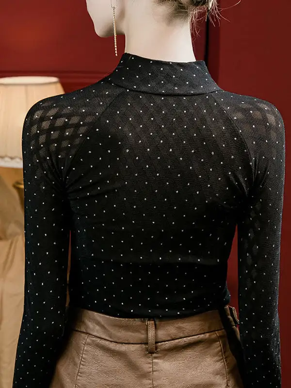 Long Sleeve Curve Fit Cutout Knot Polka Dot Rhine Stones Panel Detail Mock Neck T-Shirt