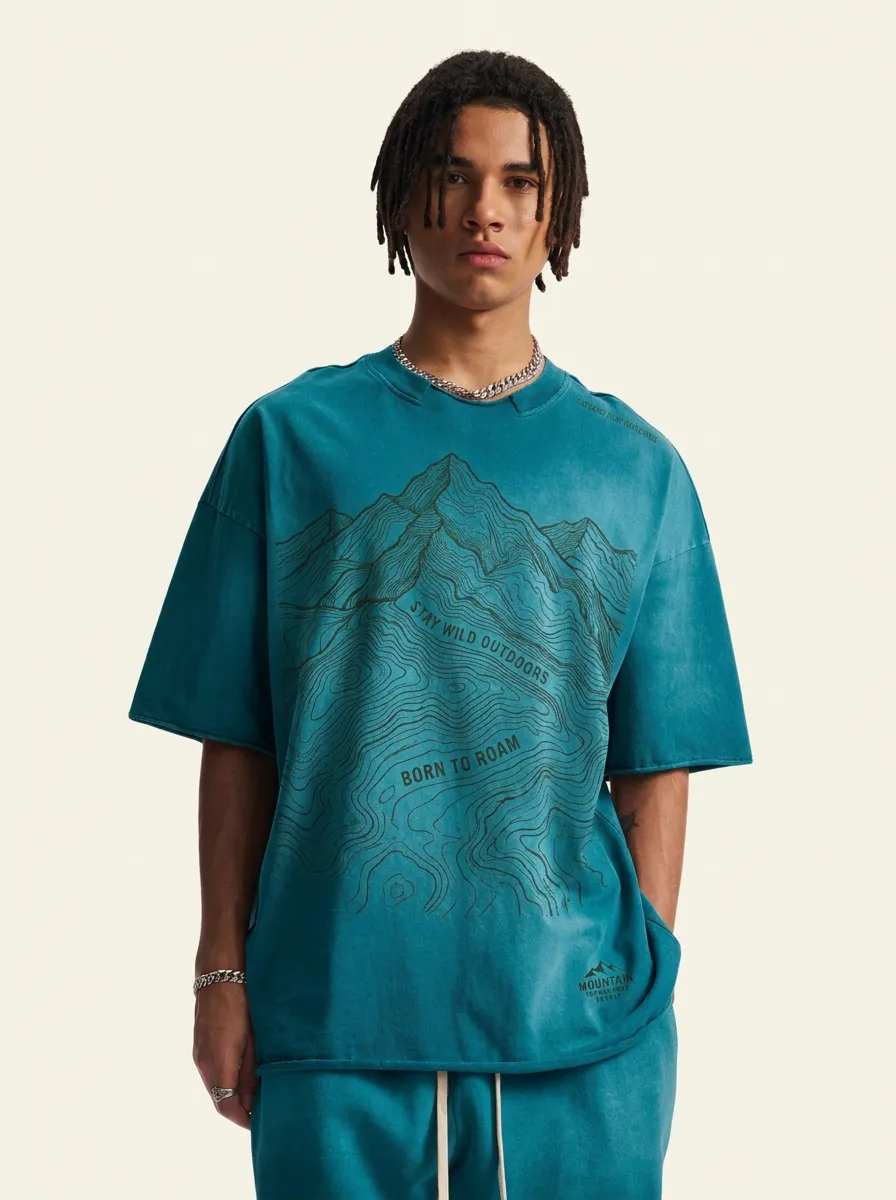 Men's Oversized Terrain Roamer Outdoor Adventure Mountain Topographic Graphic T-Shirt