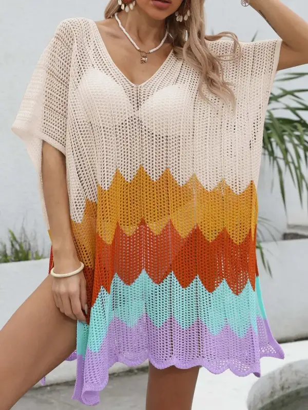 Openwork V Neck Short Sleeve Swim Cover Up