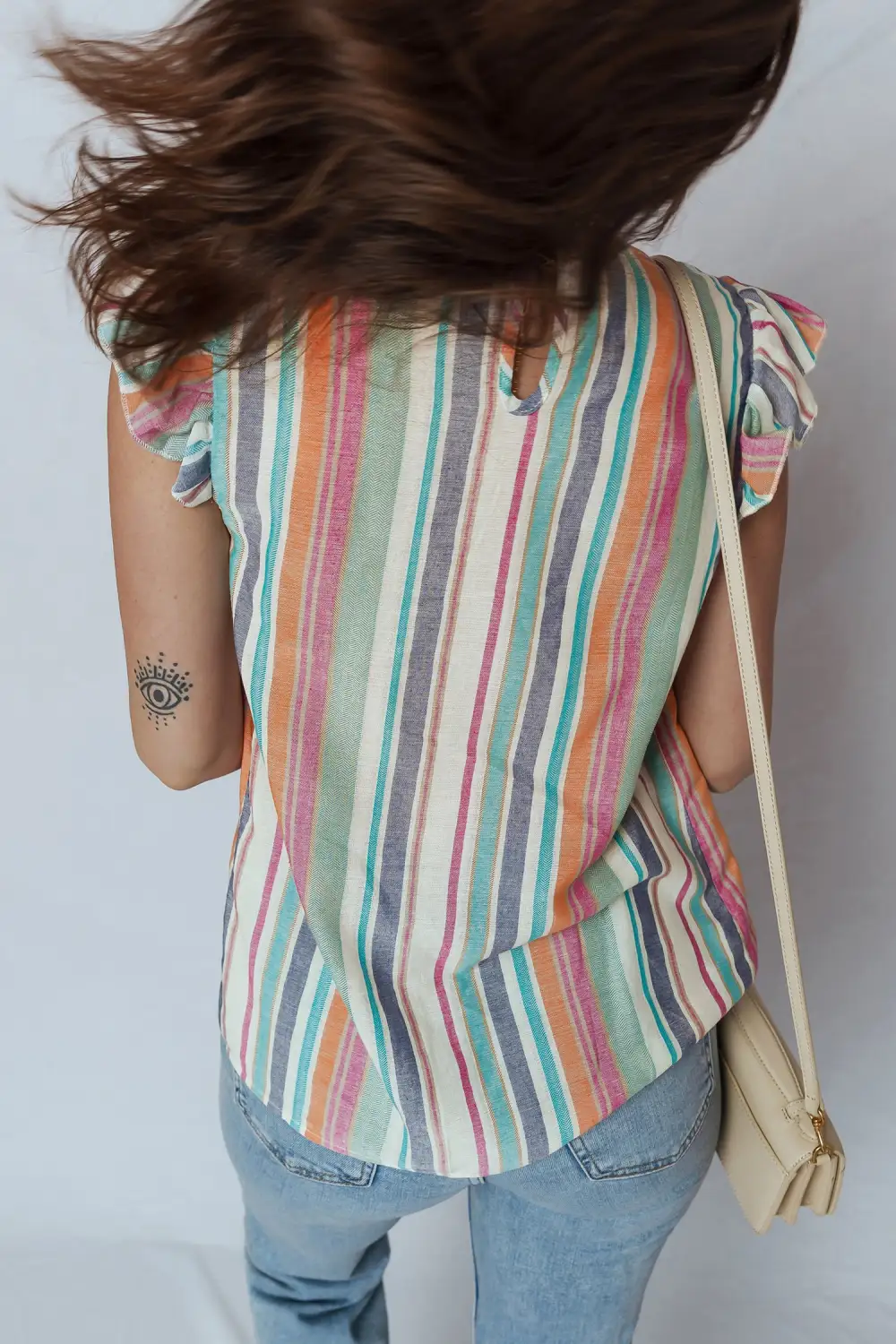 Light Blue Lace Hollow-Out Insert Flutter Sleeve Striped Blouse