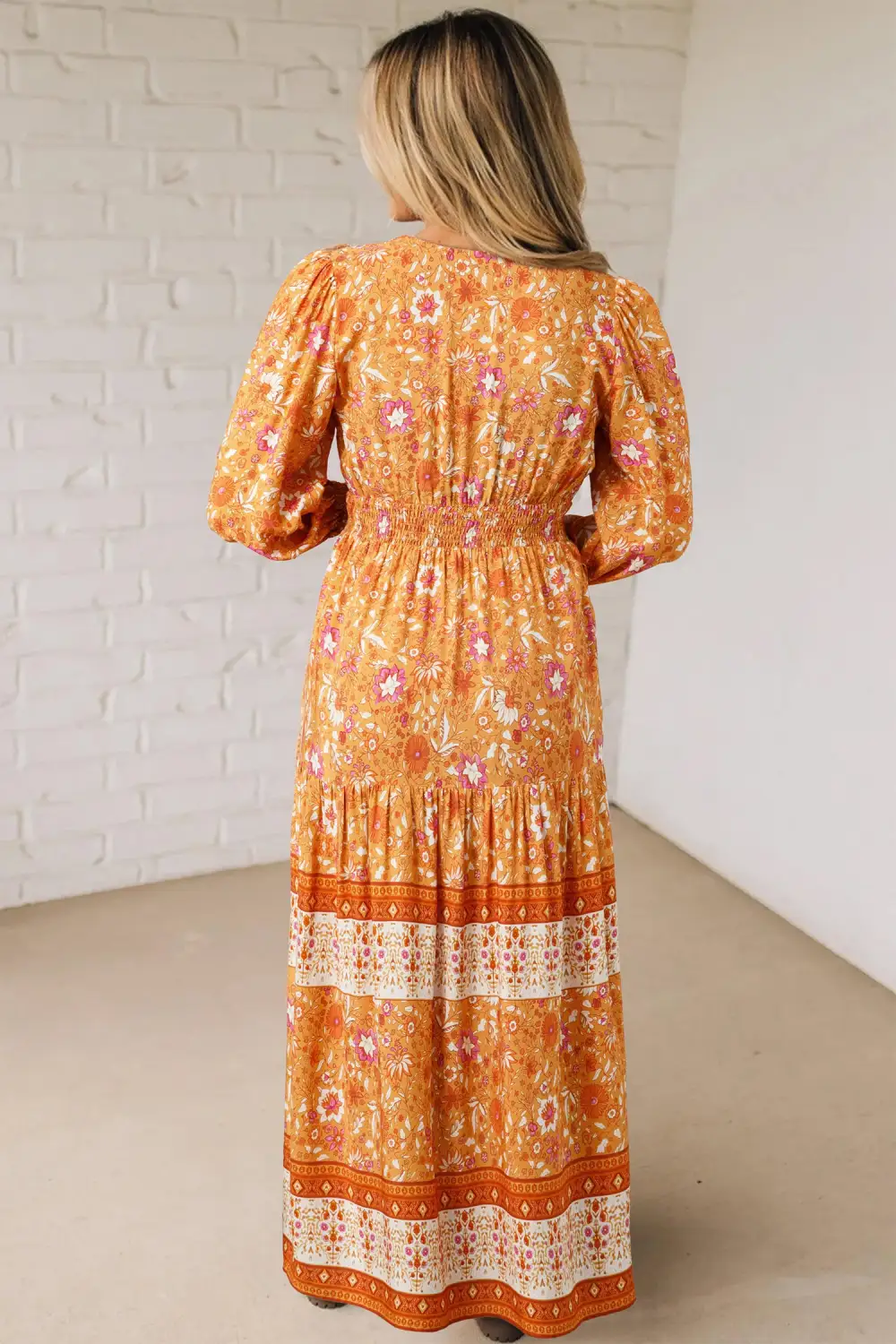 Polished Detail Floral Printed Smocked Maxi Dress