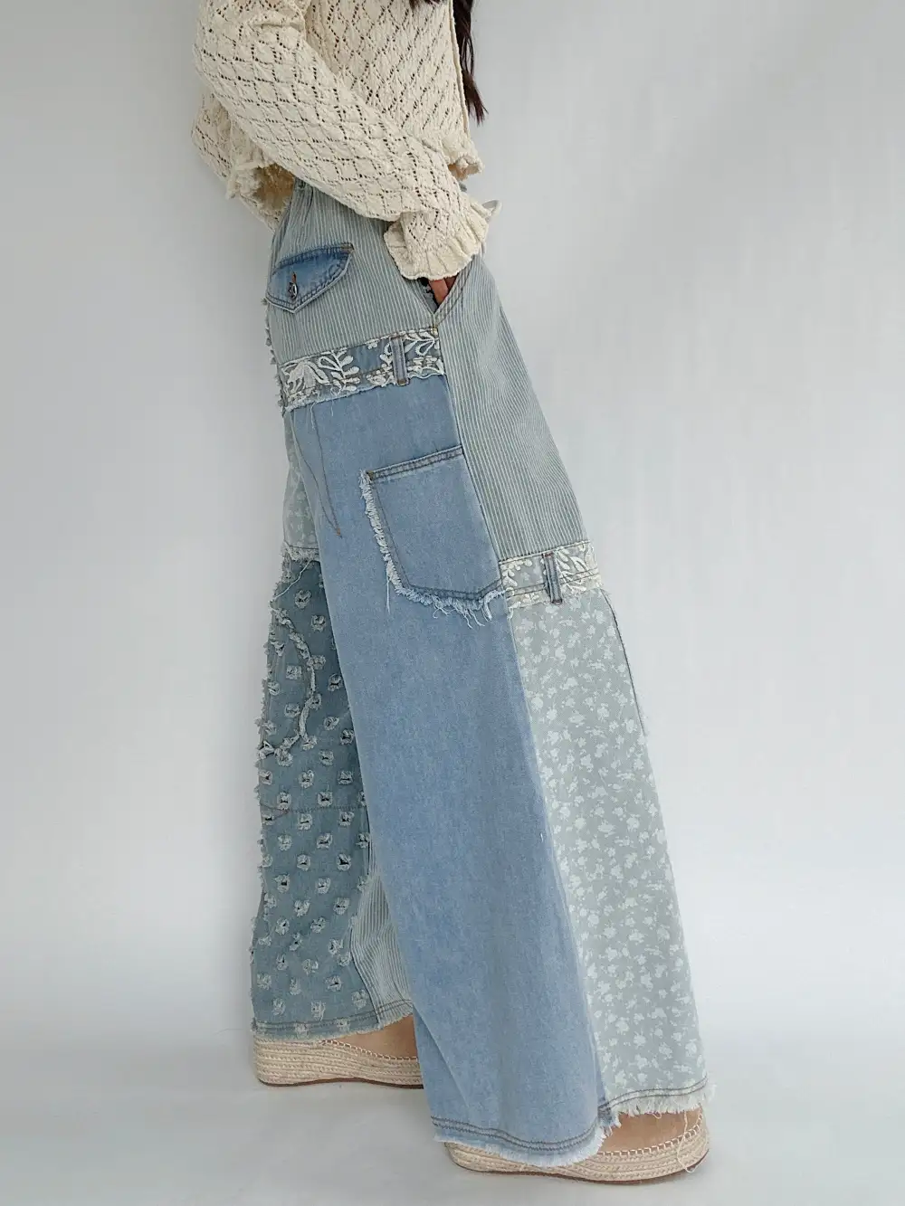 Mixed Denim Wide Leg Pants