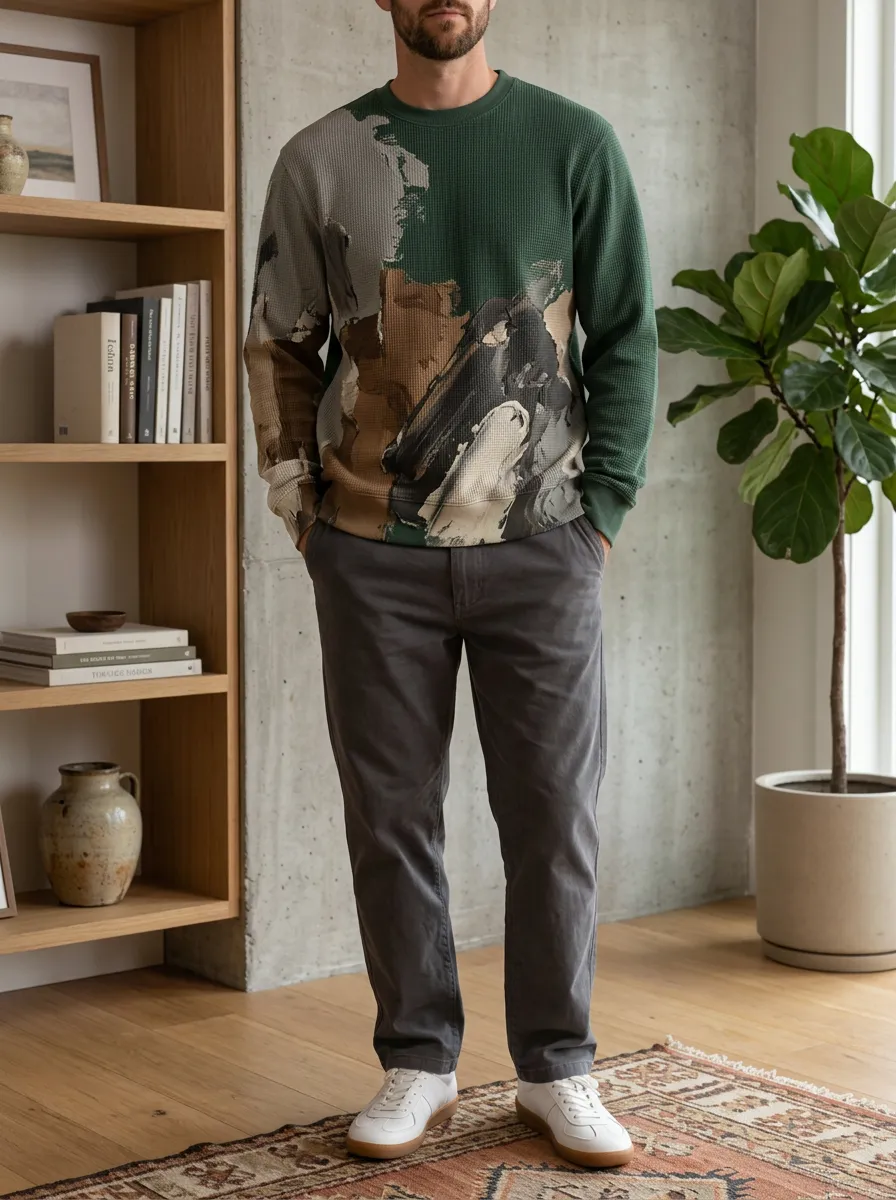 Men's Forest Green Abstract Waffle Knit Crewneck Sweatshirt