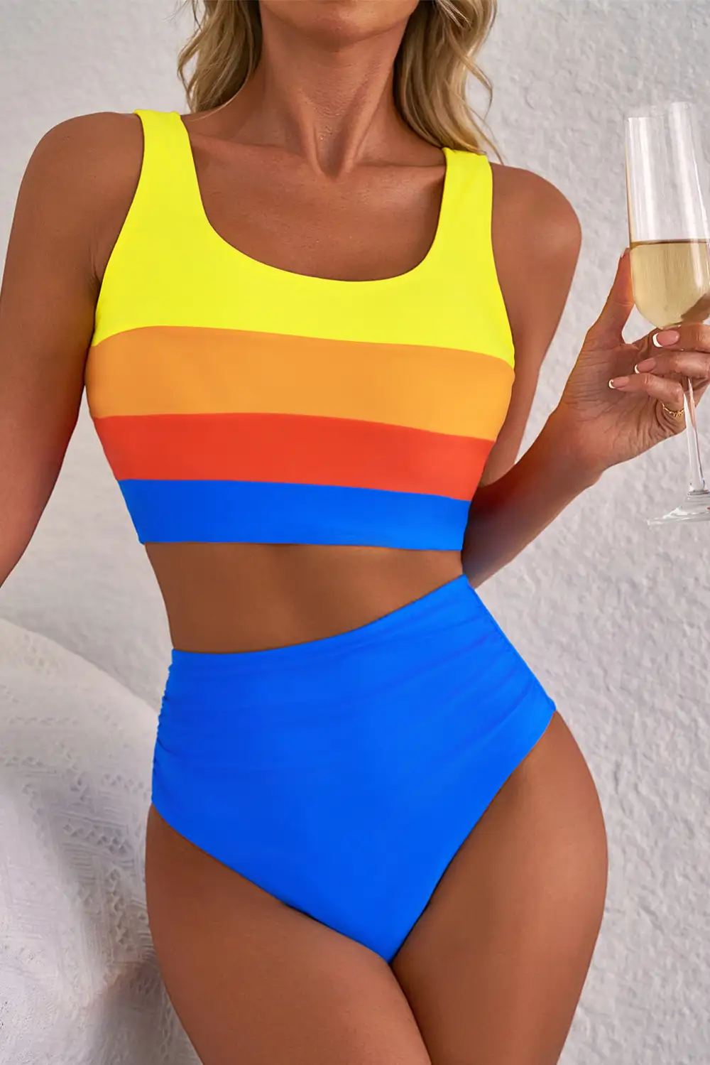 Blocked Pattern Square Neck Top Bikini Swim Set