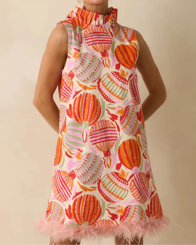 Ruffled Printed Mini Tie Detail Dress