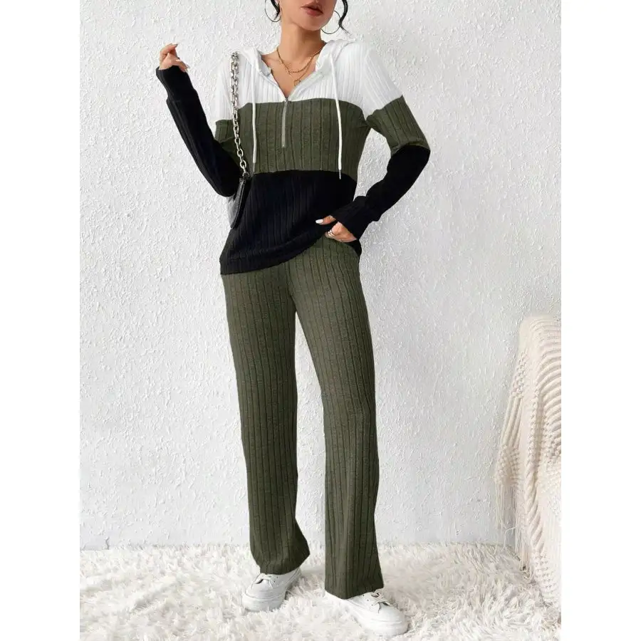 Block Half Zip Hooded Top and Pants Set