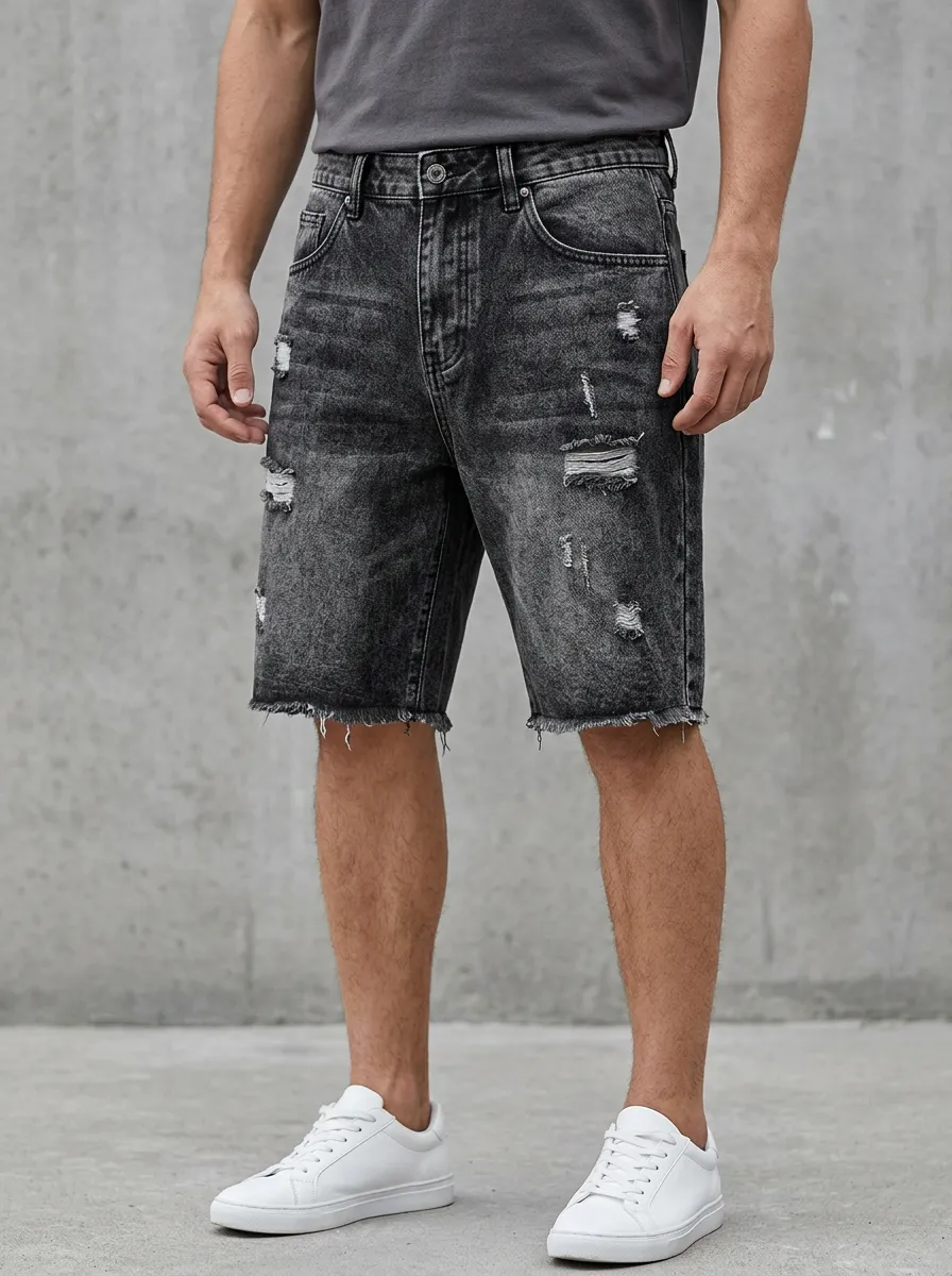 Men's Distressed Raw Hem Washed Street Inspired Distressed Denim Shorts