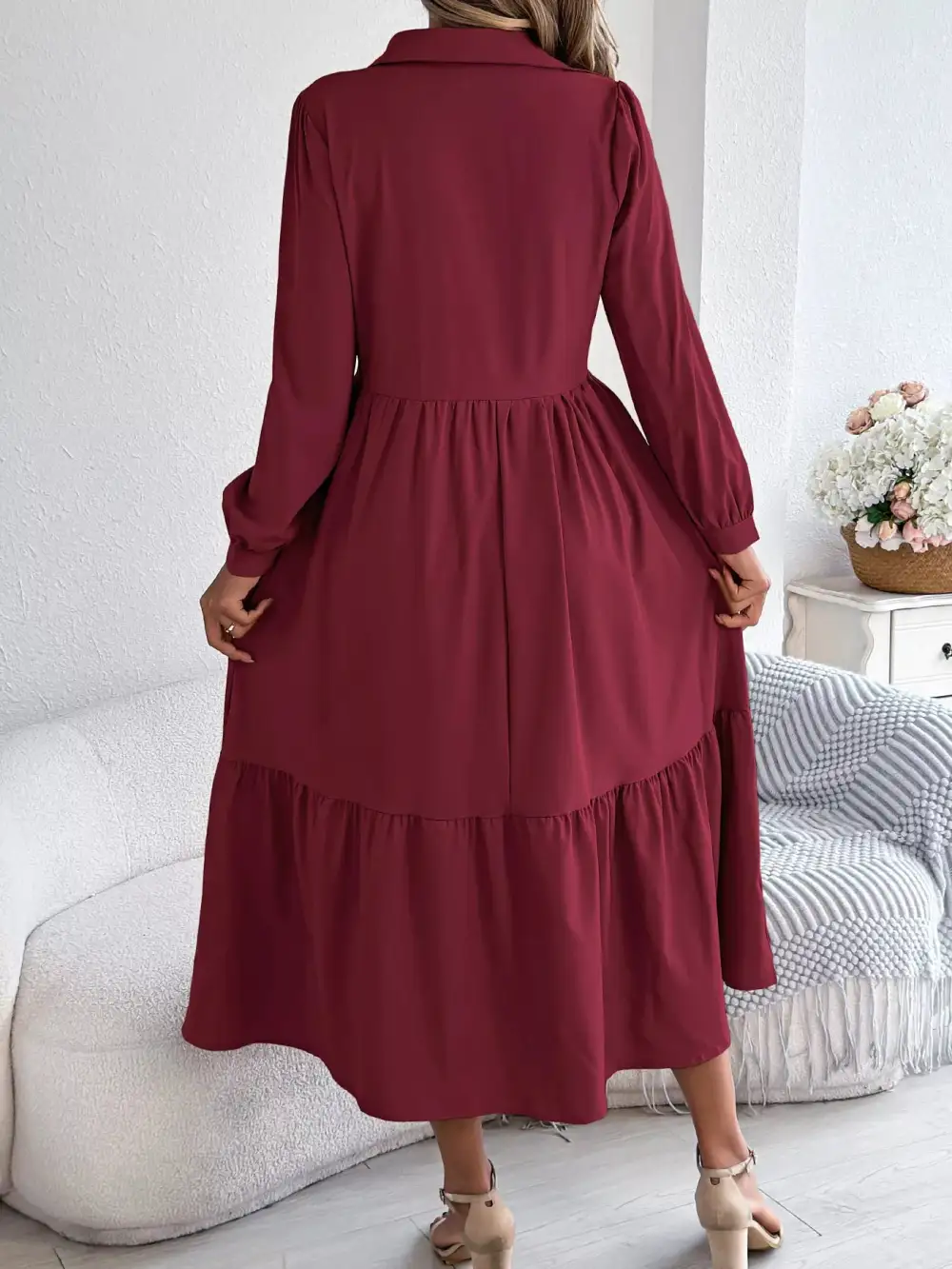 Button Front Tiered Long Sleeve Midi Dress
