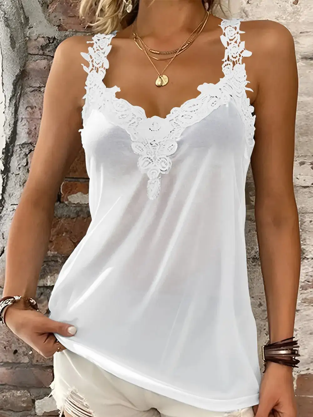 Lace Detail V-Neck Tank Polyester Blend