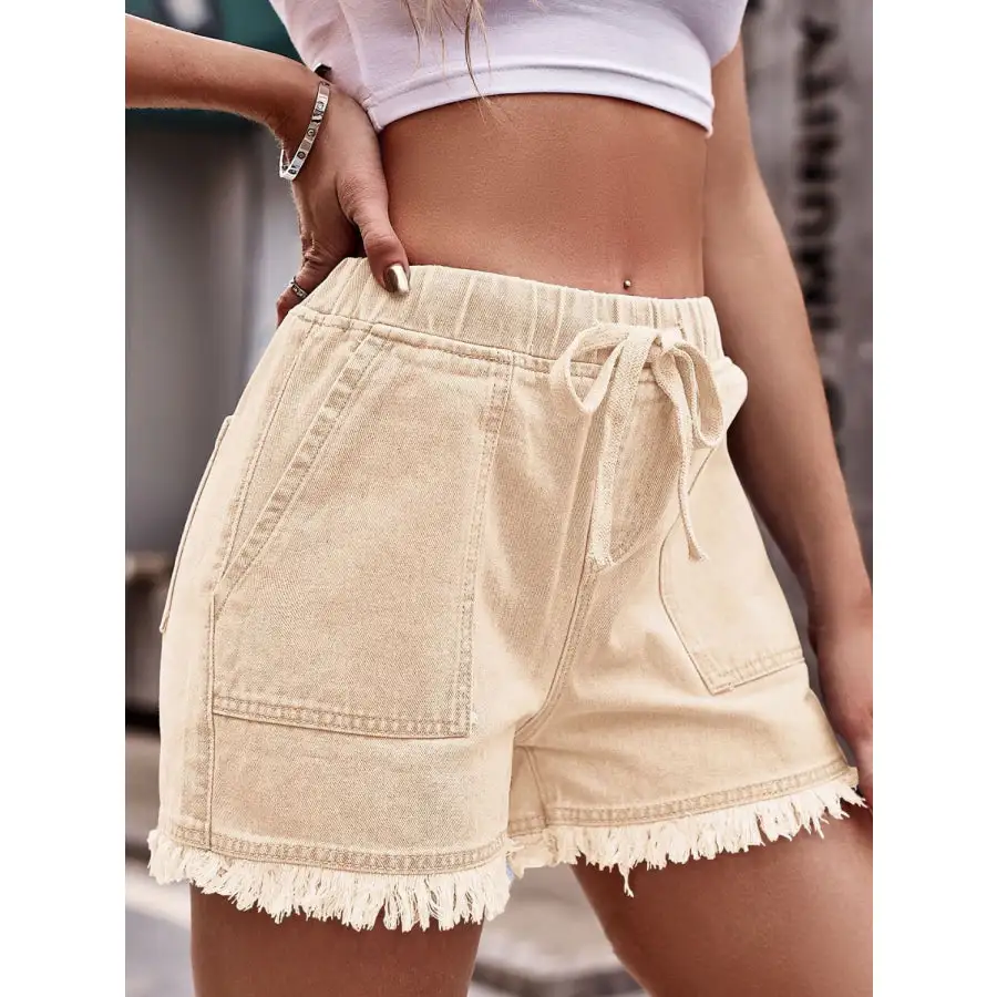 Drawstring Raw Hem Denim Shorts