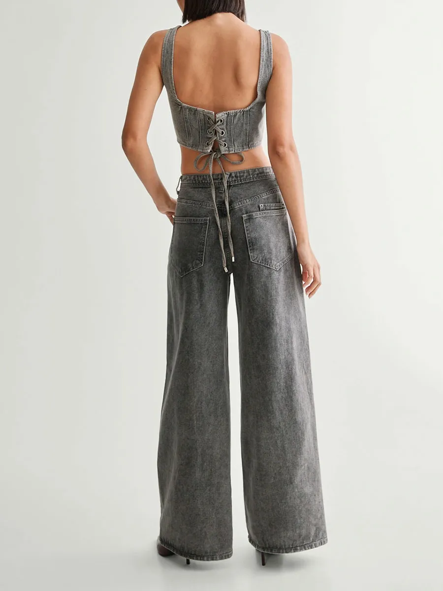 Women's Grey Side Lace-Up Wide-Leg Jeans