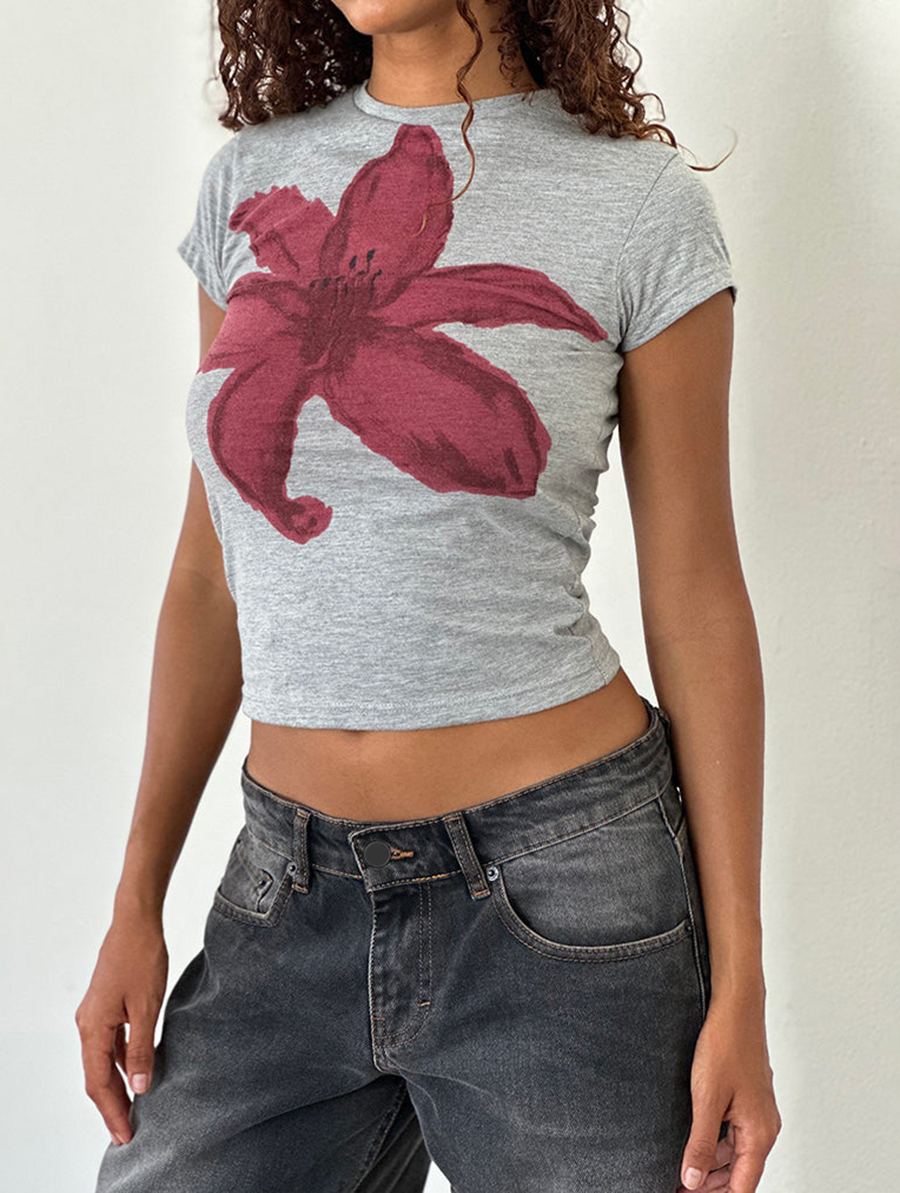 Grey Marl Painted Flower Graphic Tee