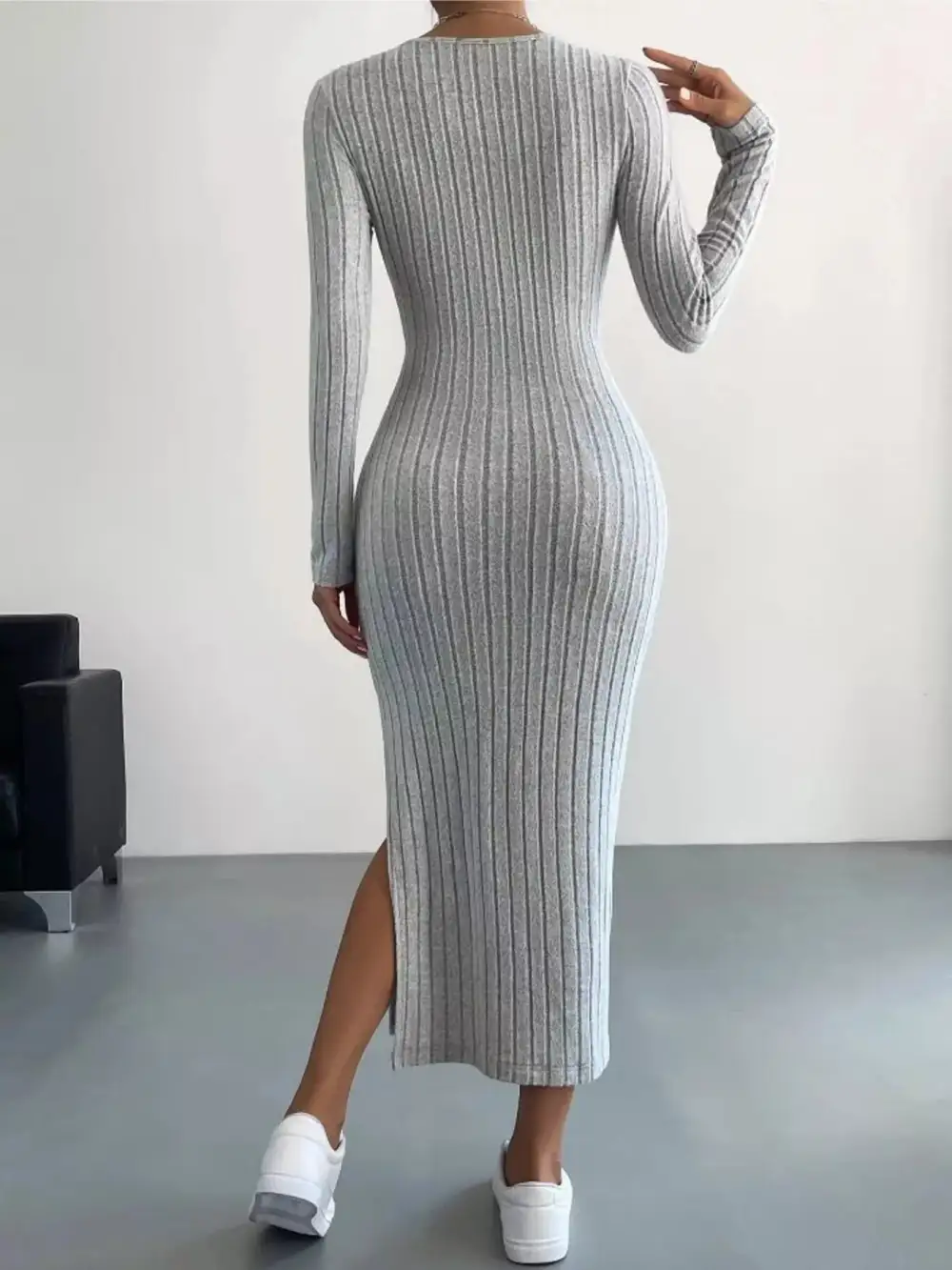 Textured Detail Ribbed Knit Midi Dress