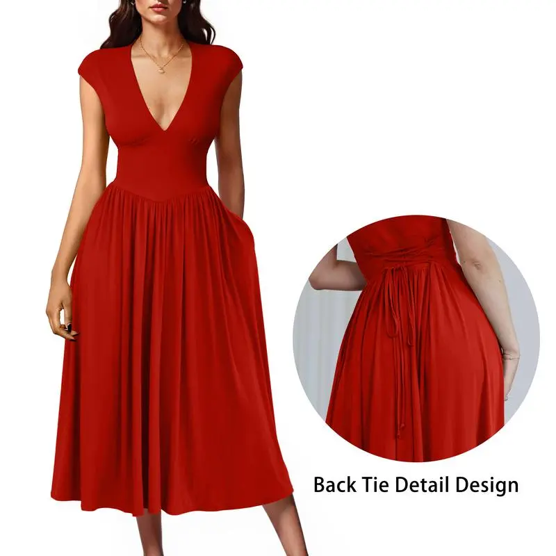 5PACK-Women'S Summer Casual Deep V NeckMidi Dress